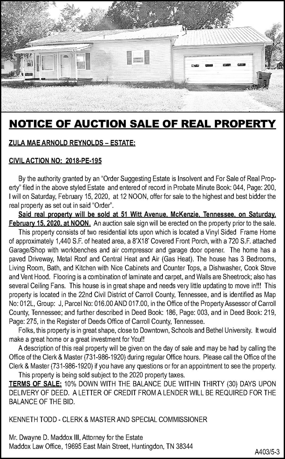 Notice of Real Estate Sale REYNOLDS The Mckenzie Banner
